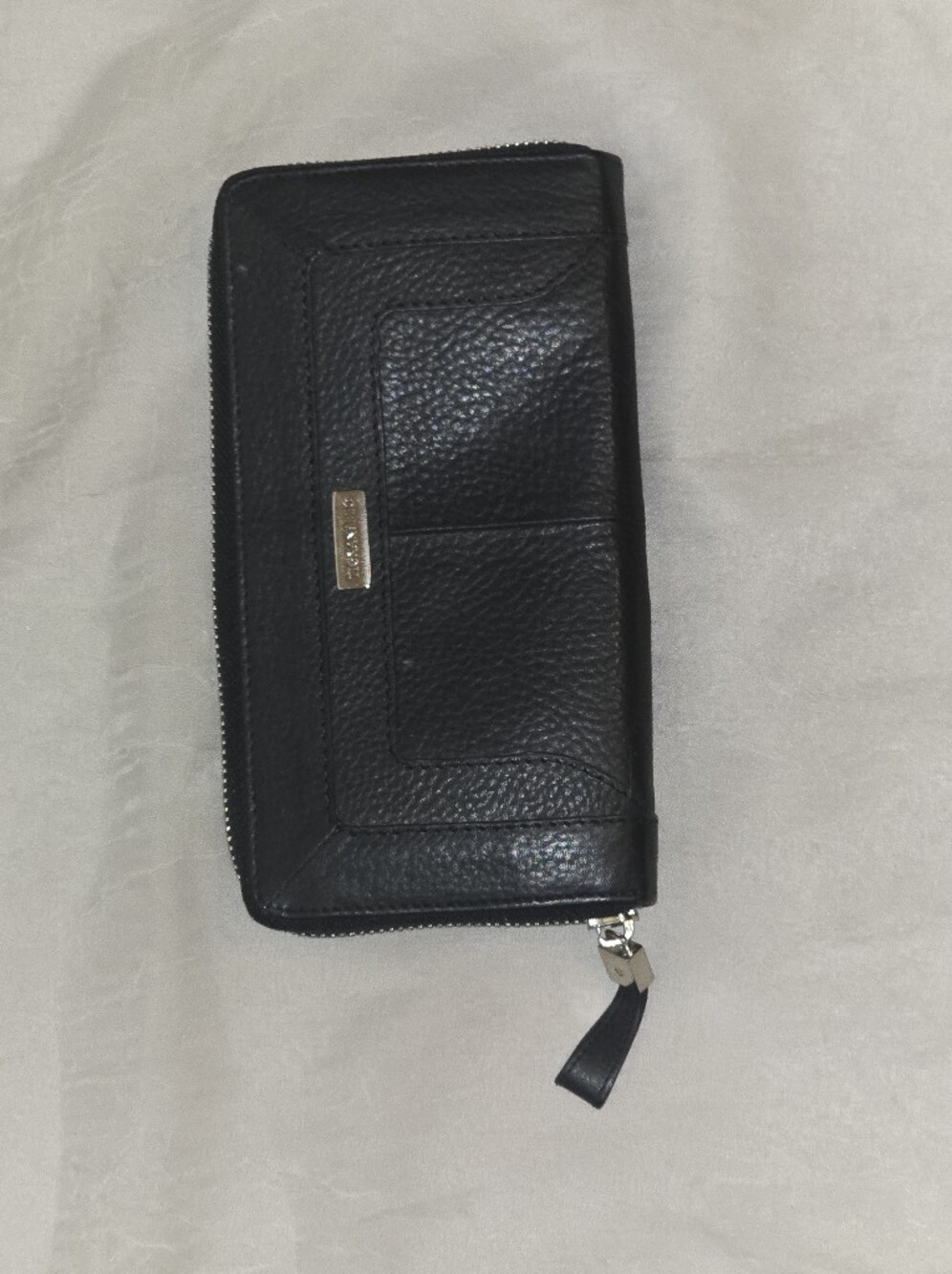 (2 For $30) Tignanello Black Pebbled Leather Zip Wallet with Silver Hardware